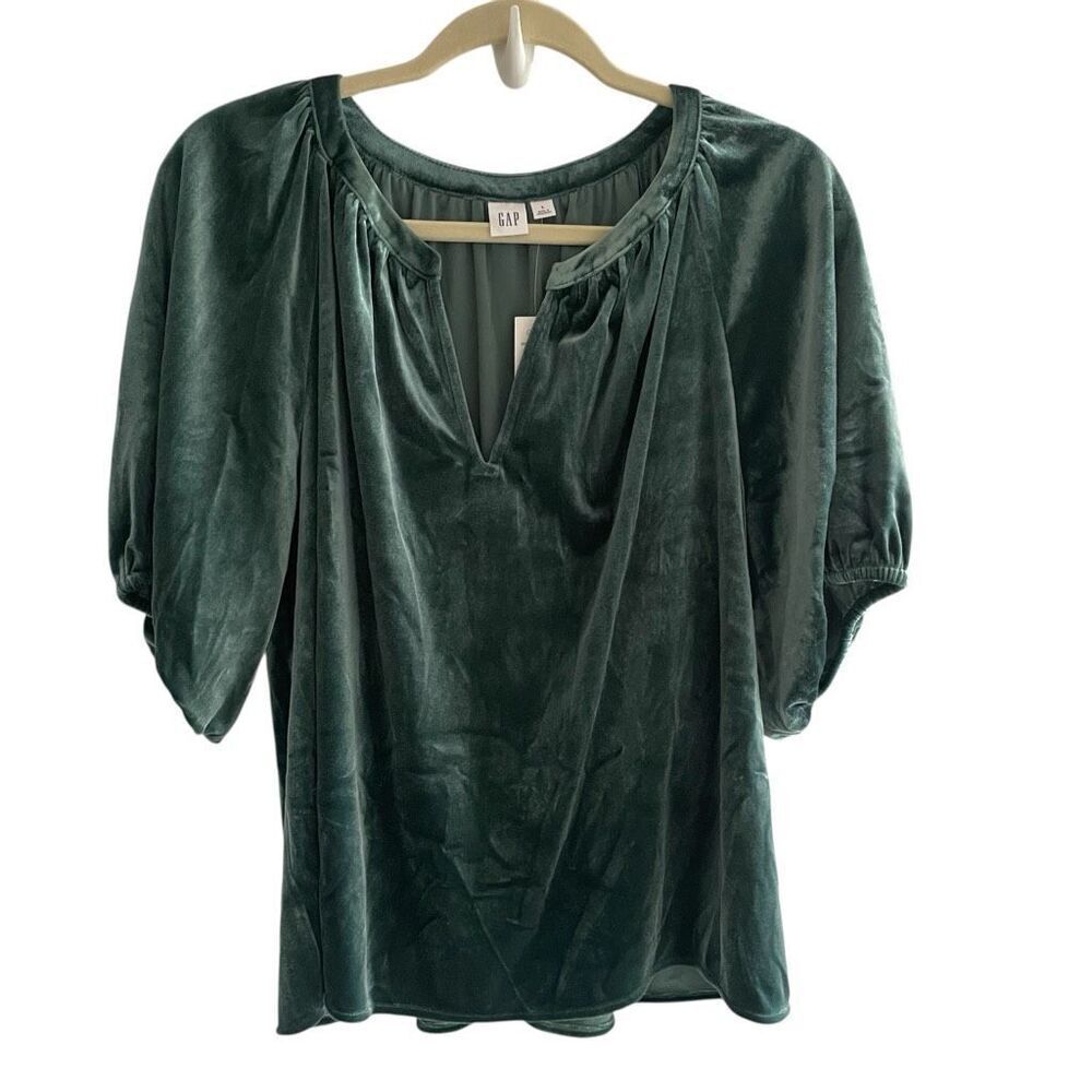 New GAP Green Velvet Bubble Sleeve Blouse Top Women’s Size Large Winter Holiday